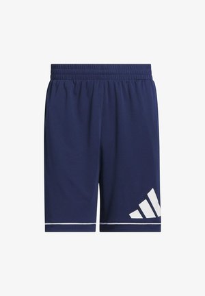 Námořnické sportovní šortky vyrobené z lehké tkaniny, s elastickým pasem, bílými akcentujícími proužky a kontrastním bílým logem na levé straně.