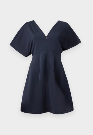 Navy blue dress with a V-neck, short sleeves, and a zipper detail at the front. A-line shape with smooth texture and minimalistic design.