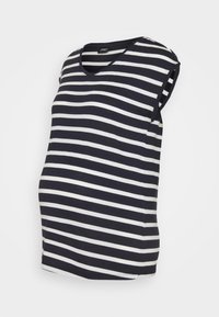T-shirt de maternidade às riscas com decote redondo, mangas curtas e riscas horizontais em azul marinho e branco. Material de algodão suave.
