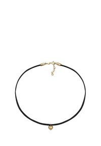 Svart snörhalsband med en guldhjärtformad hänge. Har en slät textur och en kräftklämma med en förlängningskedja för justerbar längd.