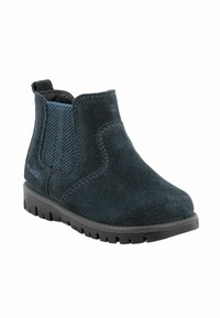 Stivaletto in suede blu scuro con pannelli elastici laterali, dettagli testurizzati e una suola in gomma nera resistente. Design della punta leggermente arrotondato.