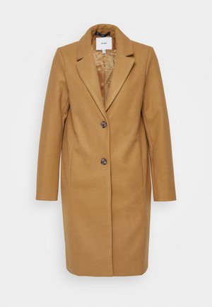 Manteau en mélange de laine camel au design ajusté, avec un col à revers, deux boutons et des manches longues. Doublure intérieure en satin, affichant une silhouette classique.