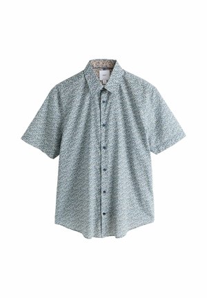 Kurzärmeliges Hemd mit Knöpfen, einem kleinen blau-weißen Blumenmuster und einem kontrastierenden inneren Kragenfutter.