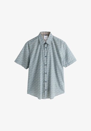 Kurzärmeliges Hemd mit Knöpfen, einem kleinen blau-weißen Blumenmuster und einem kontrastierenden inneren Kragenfutter.