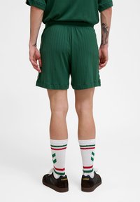 Zielone prążkowane szorty z elastycznym pasem, zestawione z białymi skarpetkami w czerwono-zielone paski oraz brązowym obuwiem.
