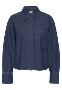 Denim button-up shirt in dark blue, featuring a collared neck, long sleeves, a chest pocket, and contrasting gold buttons.