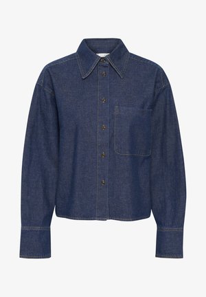 Camicia in denim blu scuro con colletto, maniche lunghe, taschino sul petto e bottoni dorati a contrasto.