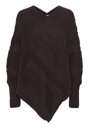 Dunkelbrauner gestrickter Poncho mit diagonaler Gestaltung, der strukturierte Zickzackmuster und einen V-Ausschnitt aufweist. Lange Ärmel verjüngen sich an den Handgelenken.