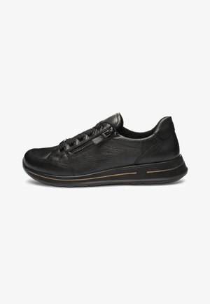 Sneaker in pelle nera con cerniera laterale e lacci, suola imbottita con sottile striscia dorata, design basso per un uso casual.