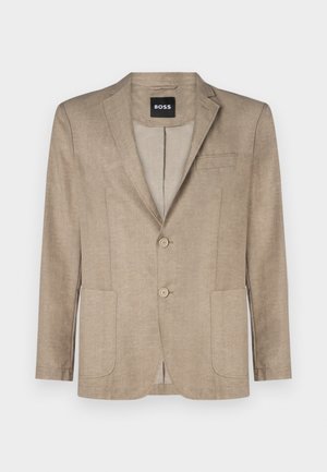 Beige blazer lavet af tekstureret stof, med et enkeltstående design, to forlommer og en klippet revers. BOSS-mærke indeni.
