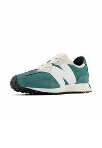Green and white sneaker with a suede and mesh upper, featuring a prominent white "N" logo, round laces, and a black rubber outsole.