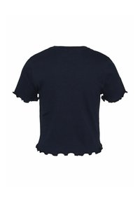 Top corto a maniche corte blu navy con orlo scallop. Il tessuto ha un aspetto testurizzato, con collo a girocollo e vestibilità comoda.