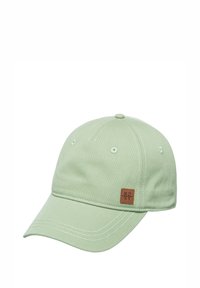 Light green cotton baseball cap with a curved brim, featuring white stitching and a brown faux leather logo patch on the front.