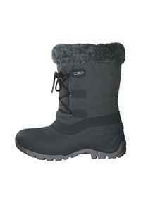 Sort vinterstøvle med faux fur kant, snørebåndsdesign, gummisål og polstret skafter. Struktureret yderside med syninger.