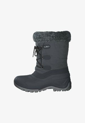 Zwarte winterlaars met nepbontafwerking, vetersluiting, rubberen zool en gewatteerde schacht. Textuur aan de buitenzijde met stikseldetails.