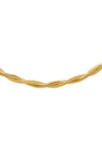 Halskette aus goldfarbenem, gedrehtem Kettenglied mit einer glatten, strukturierten Oberfläche und ineinandergreifenden Gliedern, die ein geschichtetes Erscheinungsbild erzeugen.