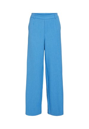 Pantaloni larghi blu chiaro con una texture liscia, vita elastica e linee pulite, ideali per un look casual o rilassato.
