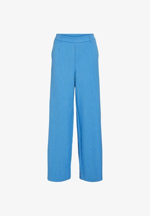 Pantaloni larghi blu chiaro con una texture liscia, vita elastica e linee pulite, ideali per un look casual o rilassato.