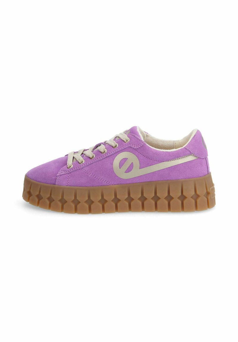 Purple suede sneakers with a chunky brown rubber sole, featuring beige laces and a logo detail on the side. Rounded toe design.