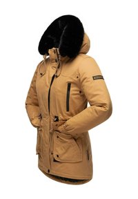 Tan winter coat with a black fur-lined hood, front zipper, adjustable drawstrings, and multiple pockets for functionality.