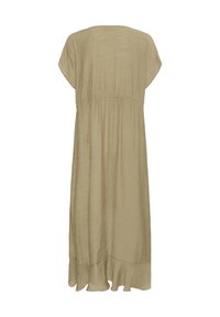 Maxi dress in soft, textured beige fabric with short sleeves, gathered waistline, and a ruffled hem. Back view showcases simplicity of design.