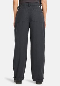 Dark gray wide-leg pants made of textured fabric, featuring a high waist, two back pockets, and a rolled hem at the cuffs.
