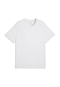 Απλό λευκό αθλητικό μπλουζάκι με κοντά μανίκια, στρογγυλή λαιμόκοψη και διακριτικό λογότυπο Puma στο αριστερό μέρος του στήθους.