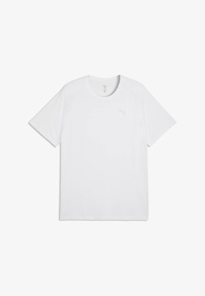 Preprosta bela športna majica s kratkimi rokavi in okroglim izrezom ter subtilnim logotipom Puma na levi strani prsnega koša.