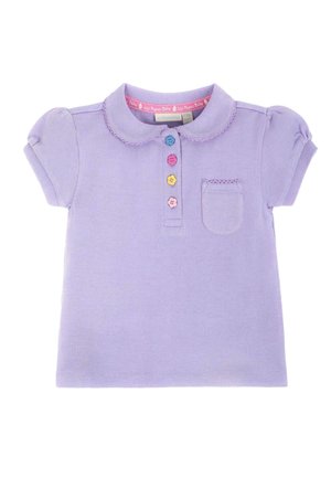 Chemise lavande à manches courtes pour tout-petits avec col Peter Pan, poche froncée et quatre boutons colorés en forme de fleur sur la patte de boutonnage avant.