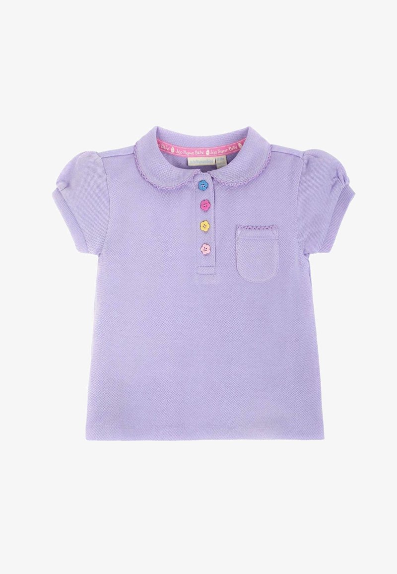 Chemise lavande à manches courtes pour tout-petits avec col Peter Pan, poche froncée et quatre boutons colorés en forme de fleur sur la patte de boutonnage avant.
