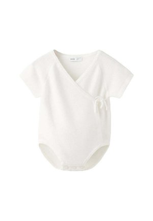 Body cache-cœur blanc manches courtes pour bébé avec lien latéral et boutons-pression à l'entrejambe, tissu en maille texturée.
