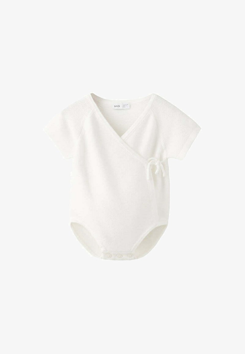Body cache-cœur blanc manches courtes pour bébé avec lien latéral et boutons-pression à l'entrejambe, tissu en maille texturée.