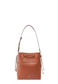 Borsa a secchiello in pelle marrone con finitura testurizzata, tracolla regolabile e accessori in tonalità oro. Caratterizzata da una chiusura con cordoncino e tasca frontale.