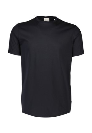 Marineblauwe T-shirt met korte mouwen, ronde hals, gemaakt van zacht katoen, met een gladde textuur en een eenvoudig, slim fit ontwerp.