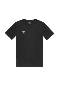 T-shirt di cotone nero con maniche corte, scollo rotondo e logo "Umbro" bianco sul lato sinistro del petto. Texture liscia, vestibilità standard.
