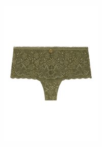 Culotte femme hipster en dentelle vert olive avec un motif floral et un petit détail en anneau doré au centre de la taille.