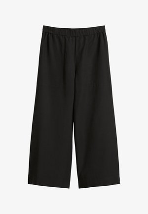 Schwarze weite Hose mit elastischem Bund, aus weichem Material gefertigt. Verfügt über zwei seitliche Taschen und eine glatte, untexturierte Oberfläche.