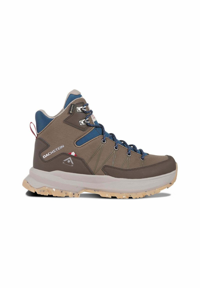 Väriä ruskea ja sininen, keskipitkä vaelluskengä, jossa on beige pohja, nauhakiinnitys edessä ja Dachstein-logo sivulla.