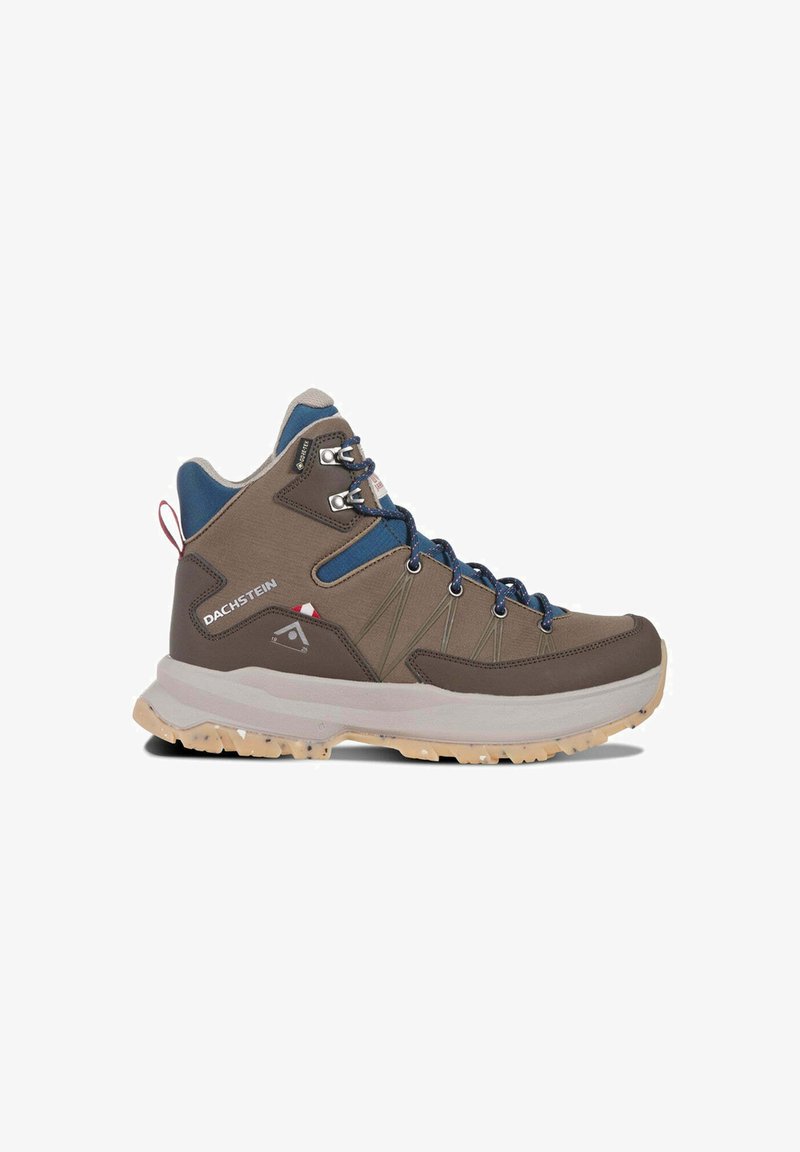 Väriä ruskea ja sininen, keskipitkä vaelluskengä, jossa on beige pohja, nauhakiinnitys edessä ja Dachstein-logo sivulla.