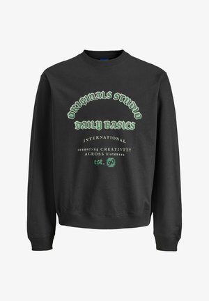 Black sweatshirt with crew neck, ribbed cuffs, and hem. Features green printed text design with graphic elements and established year.