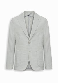 Blazer de pata de gallo gris claro con solapas con muesca, dos bolsillos frontales tipo parche y cierre de un solo botón, exhibido sobre un fondo blanco.