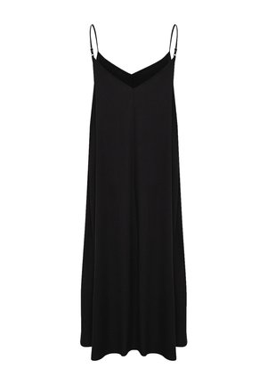 Sort ærmeløs kjole med V-udskæring, lavet af et blødt stof. Har slanke stropper og en flydende A-formet silhuet for komfort.