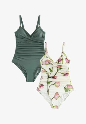 Einteilige Badeanzüge, einer in einem einfarbigen Salbeigrün mit gerafften Seiten, einer weiß mit rosa Blumenmuster und verstellbaren Trägern.