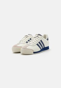 Hvide sneakers med marineblå striber, suede-accenter i pink og marineblå, gummisål, rund tå og snørebåndsdesign. Brandlogo på tungen.