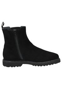 Schwarze Wildleder-Ankle Boots mit seitlichem Reißverschluss, Zuglasche hinten und robustem Gummisohle mit leichtem Absatz für Grip und Langlebigkeit.