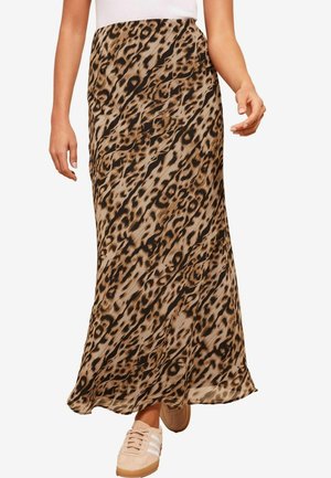 Maxikleid aus leichtem Stoff mit einem Leopardenmuster in Braun- und Schwarztönen. Fließt bis zum Knöchel.