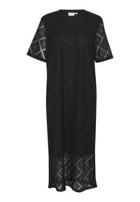 Black ankle-length dress made from textured lace, featuring short sleeves and a relaxed fit, with a geometric diamond pattern throughout.