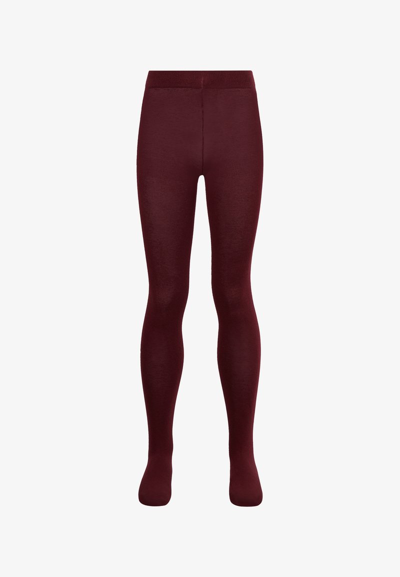 Bordowe rajstopy wykonane z gładkiego, elastycznego materiału. Projekt charakteryzuje się wysokim stanem i bezszwowym palcem dla wygody i dopasowania.