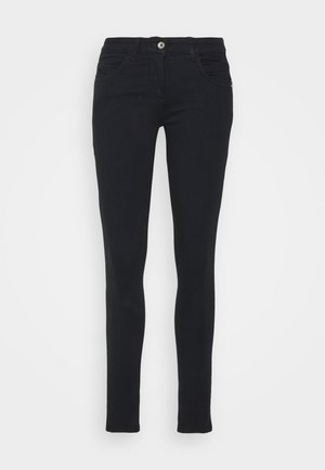 Black slim-fit jeans with front button and zip closure, pockets, and belt loops, displayed against a white background.