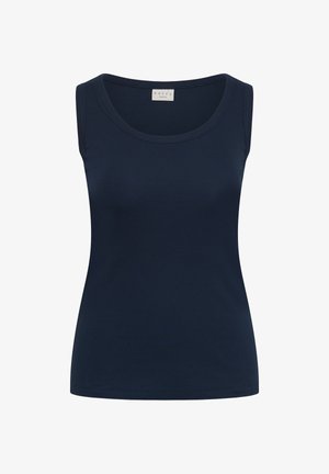 Sleeveless navy blue ribbed tank top with round neckline, fitted shape, and a small rectangular label inside the collar reading "KAFFE curve."
